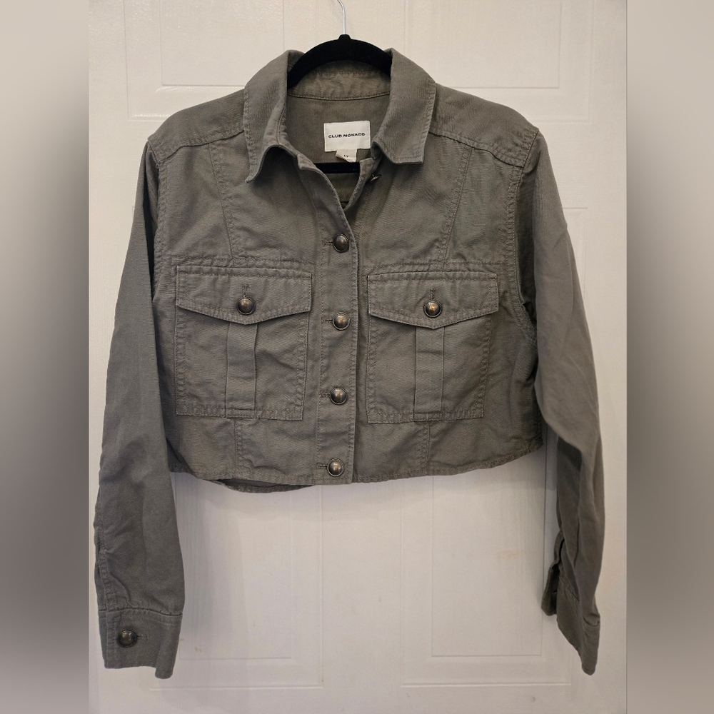 CLUB MONACO Denim, Crop, Gray, Cotton Linen Mix, Button Down, Long Sleeve,Jacket